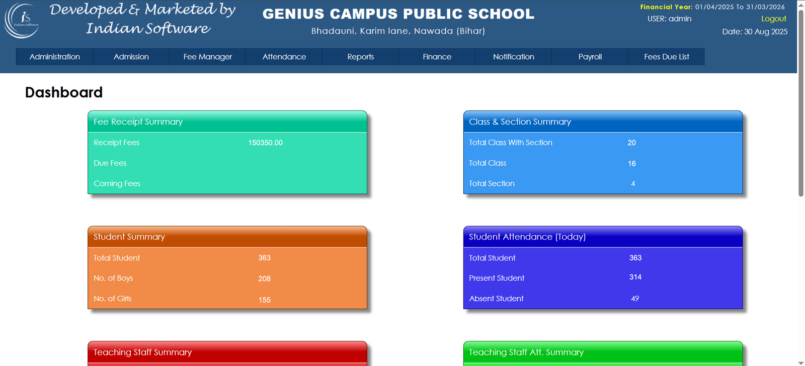 indian software school software dashboard
