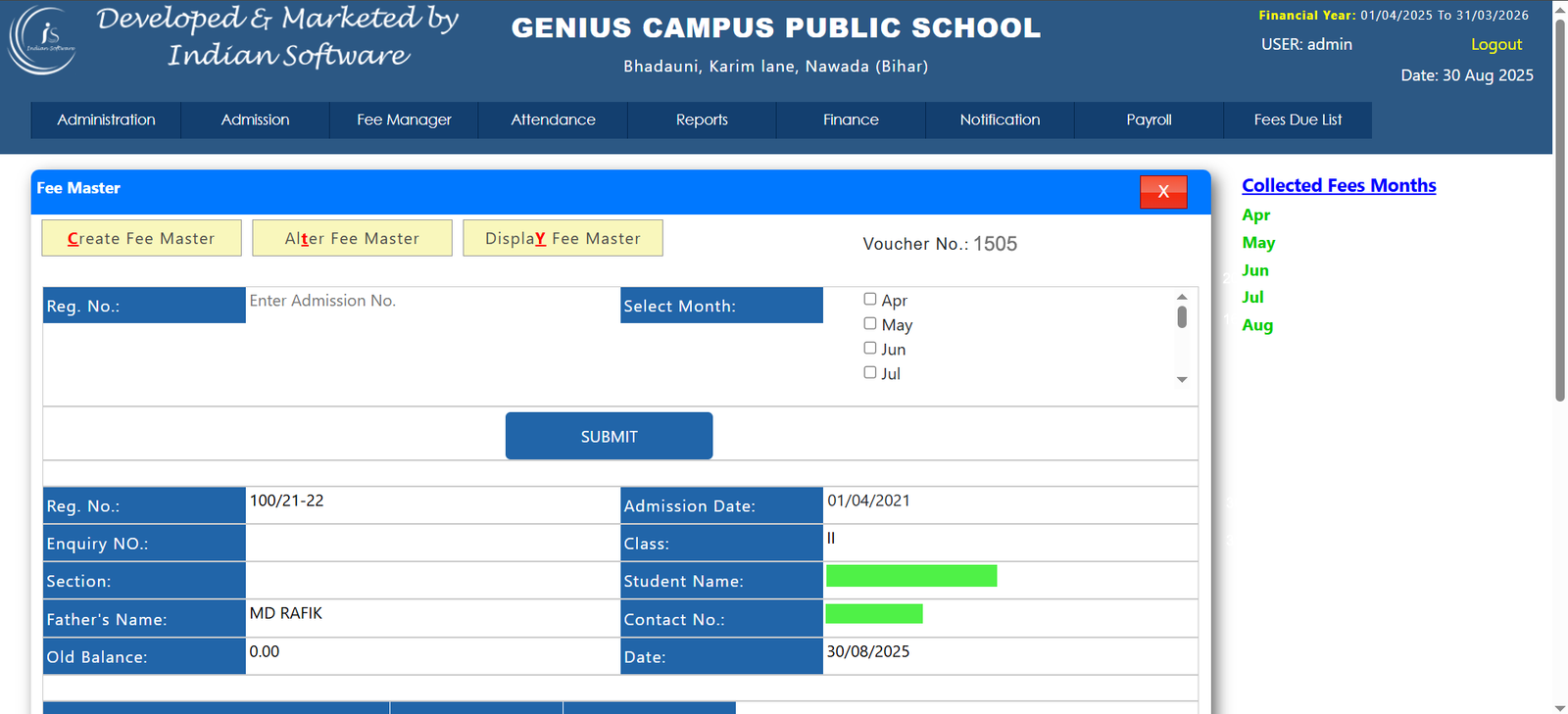 indian software school software fees collection